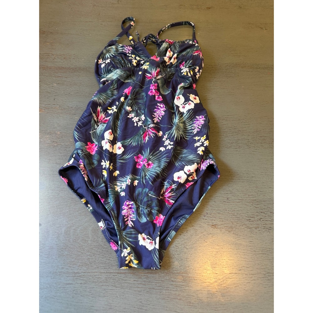 Gap Womens XS Tropical Floral One Piece Swimsuit Navy Blue Ruched Lace Up Back